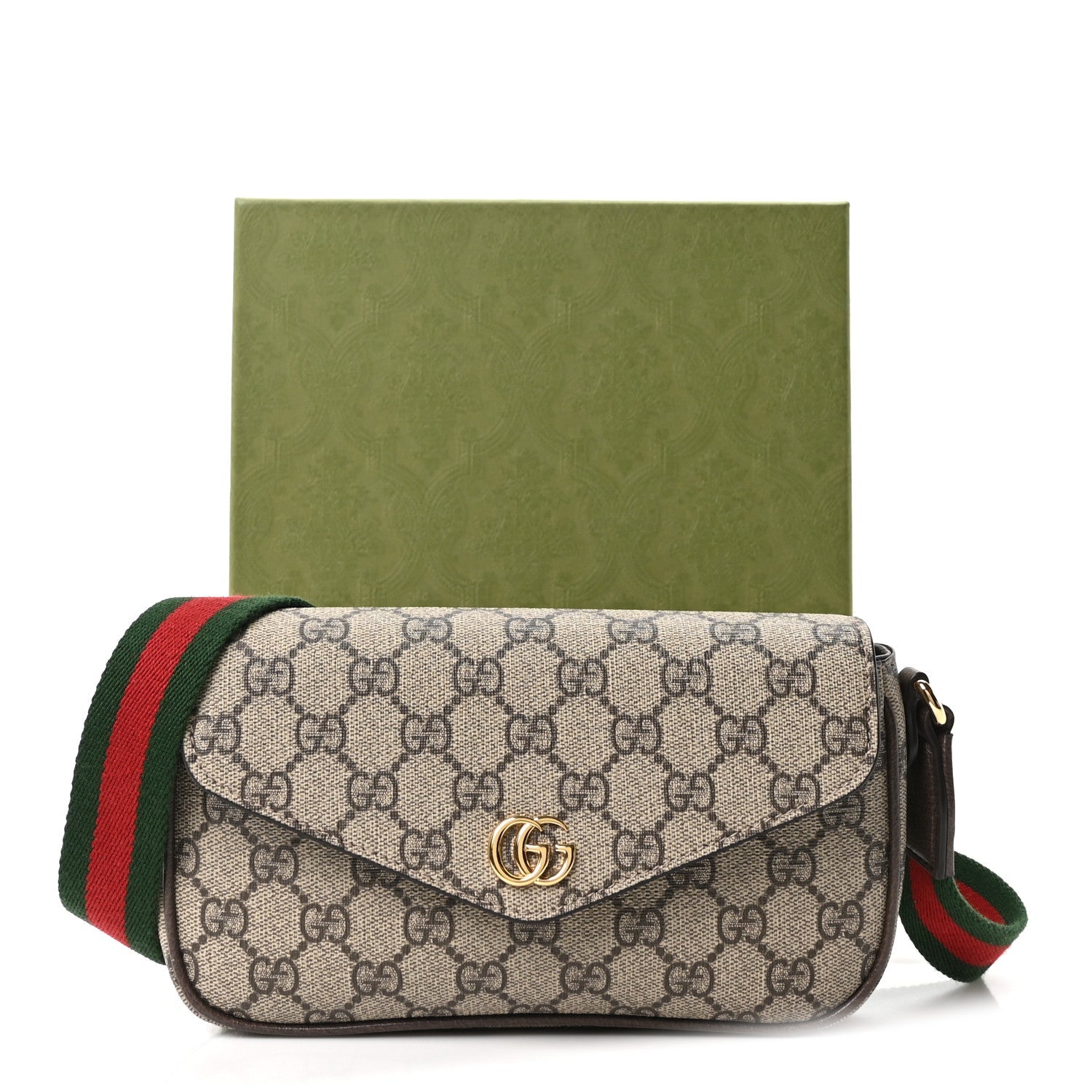 GG Supreme Monogram Textured Dollar Calfskin Web Mini Ophidia Envelope Shoulder Bag Beige Ebony New Acero
