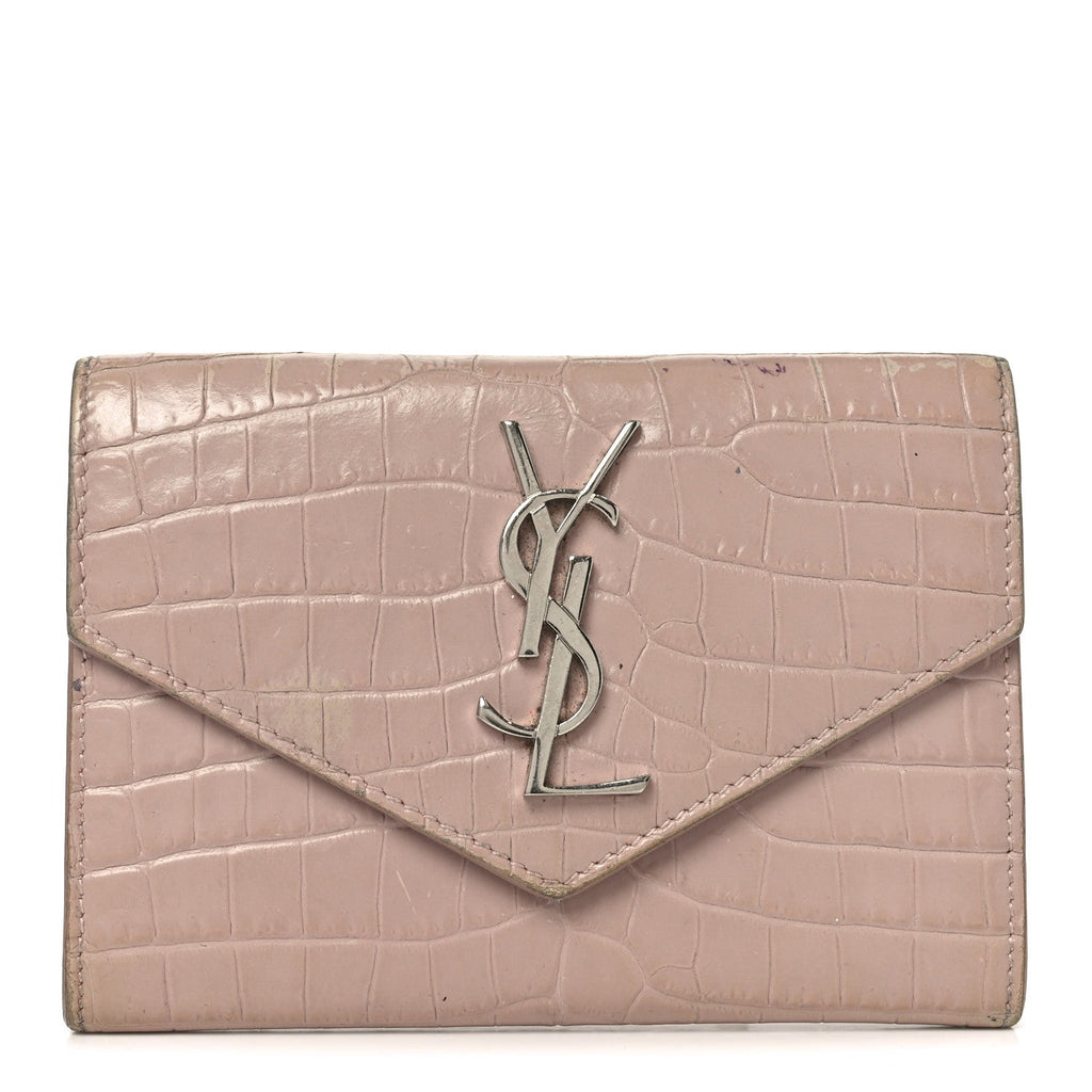 Calfskin Crocodile Embossed Small Monogram Envelope Wallet Rose Antic