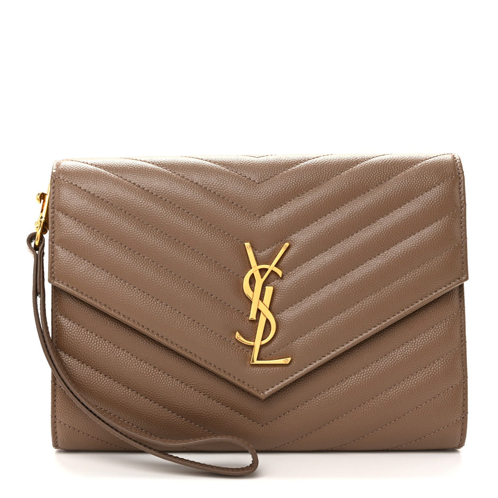 Grain De Poudre Matelasse Chevron Monogram Cassandre Flap Pouch Taupe