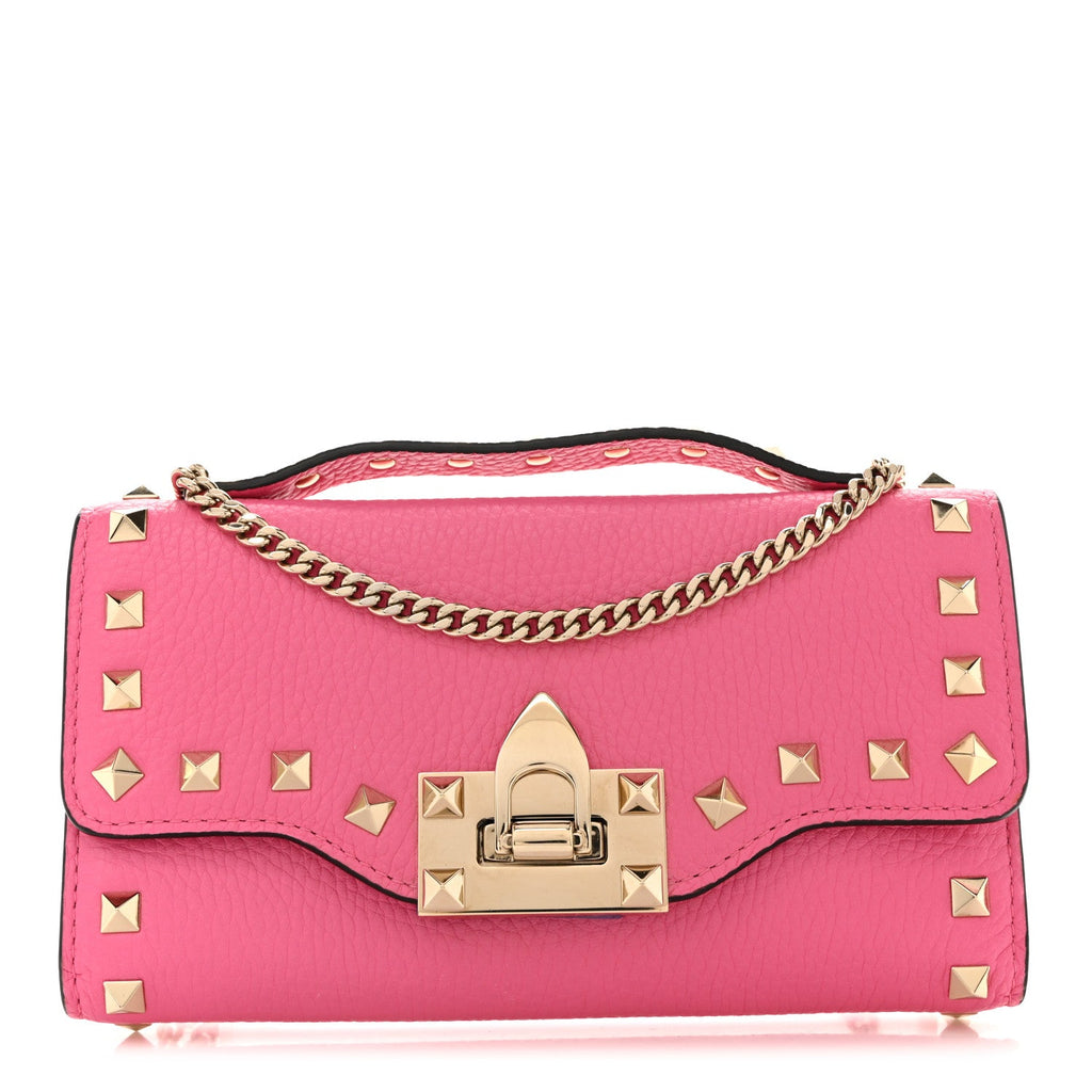 Pebbled Calfskin Rockstud Flip Lock Wallet On Chain Feminine Pink