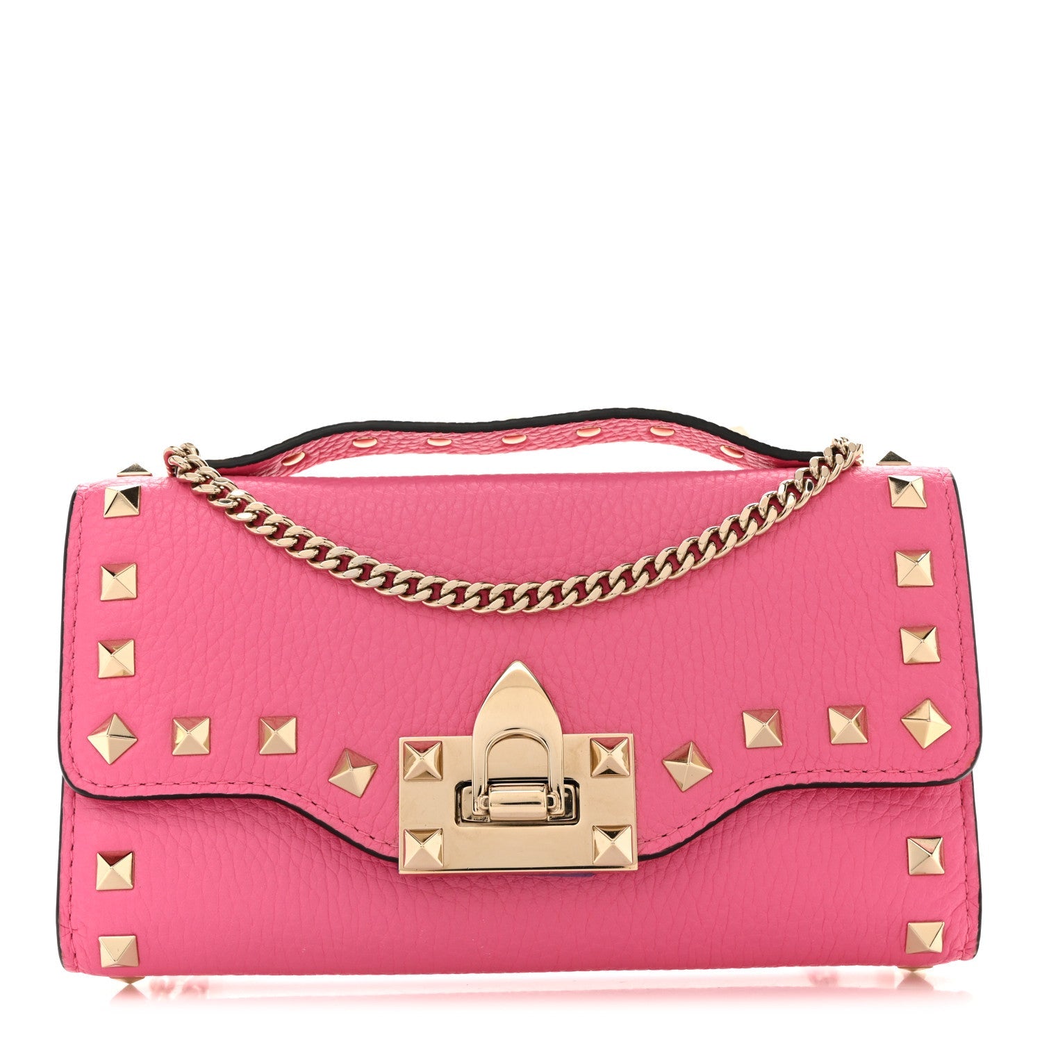 Pebbled Calfskin Rockstud Flip Lock Wallet On Chain Feminine Pink