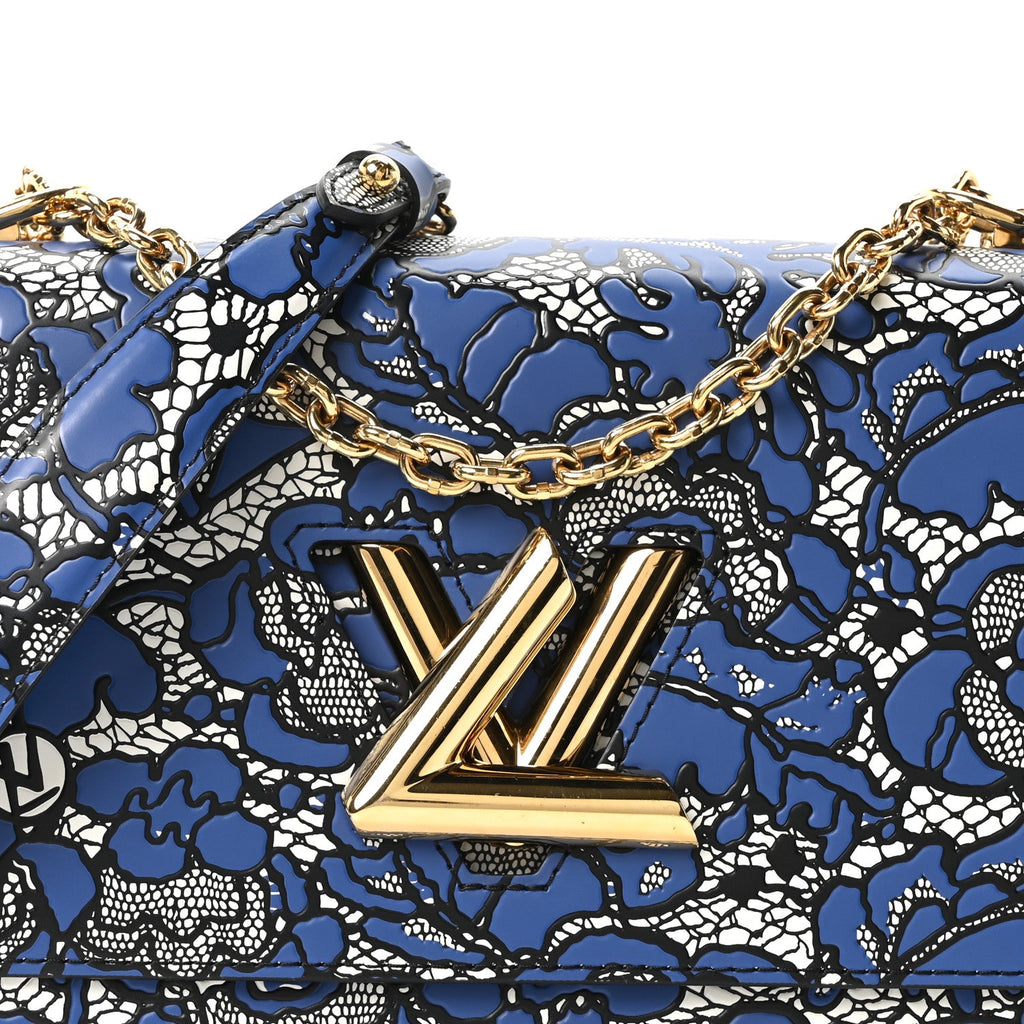 Calfskin Lace Flower Inlay Twist Shoulder Bag MM Navy Black
