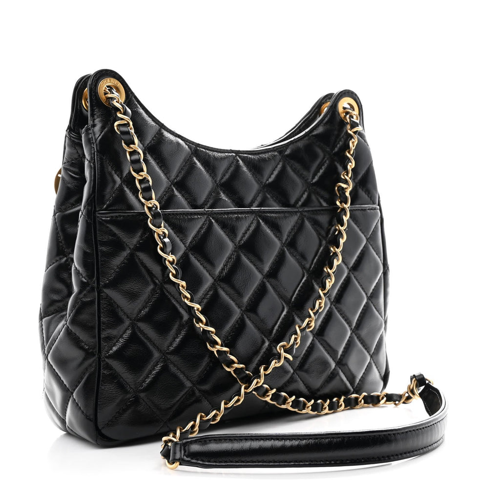 Shiny Crumpled Calfskin Quilted Wavy CC Hobo Black