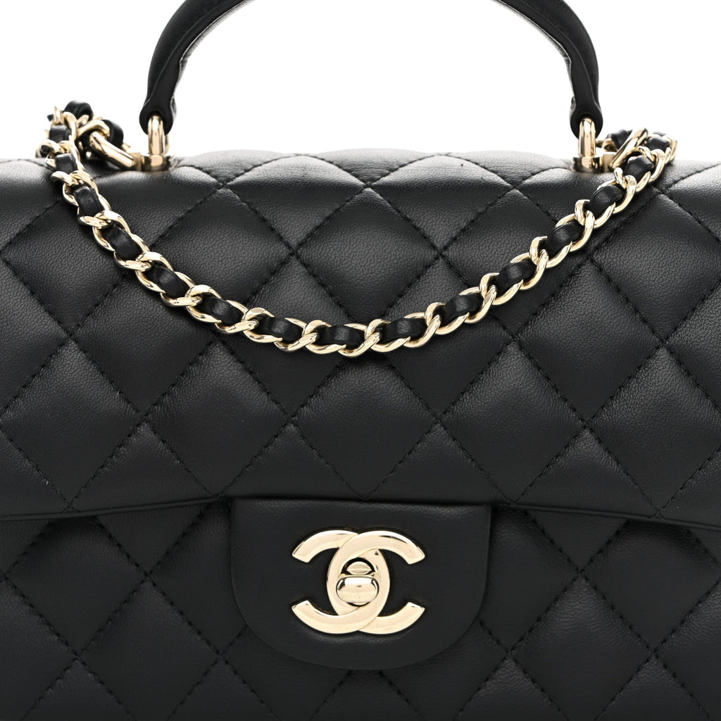 Lambskin Quilted Mini Top Handle Rectangular Flap Black