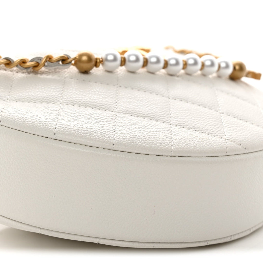 Caviar Quilted Pearl Chain Pouch Hobo White