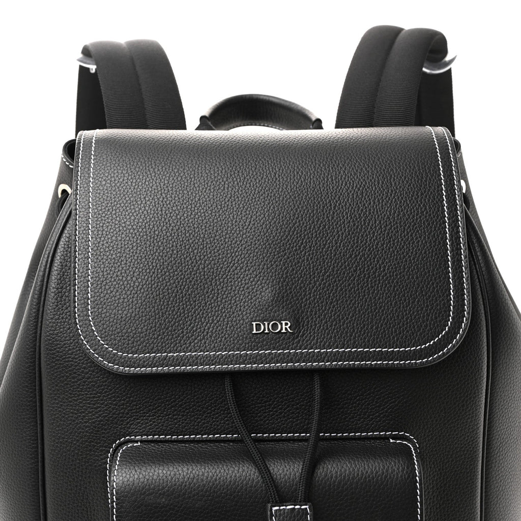 Grained Calfskin Saddle Drawstring Backpack Black