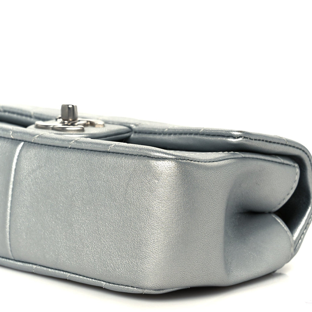 Metallic Lambskin Chevron Quilted Mini Rectangular Flap Silver