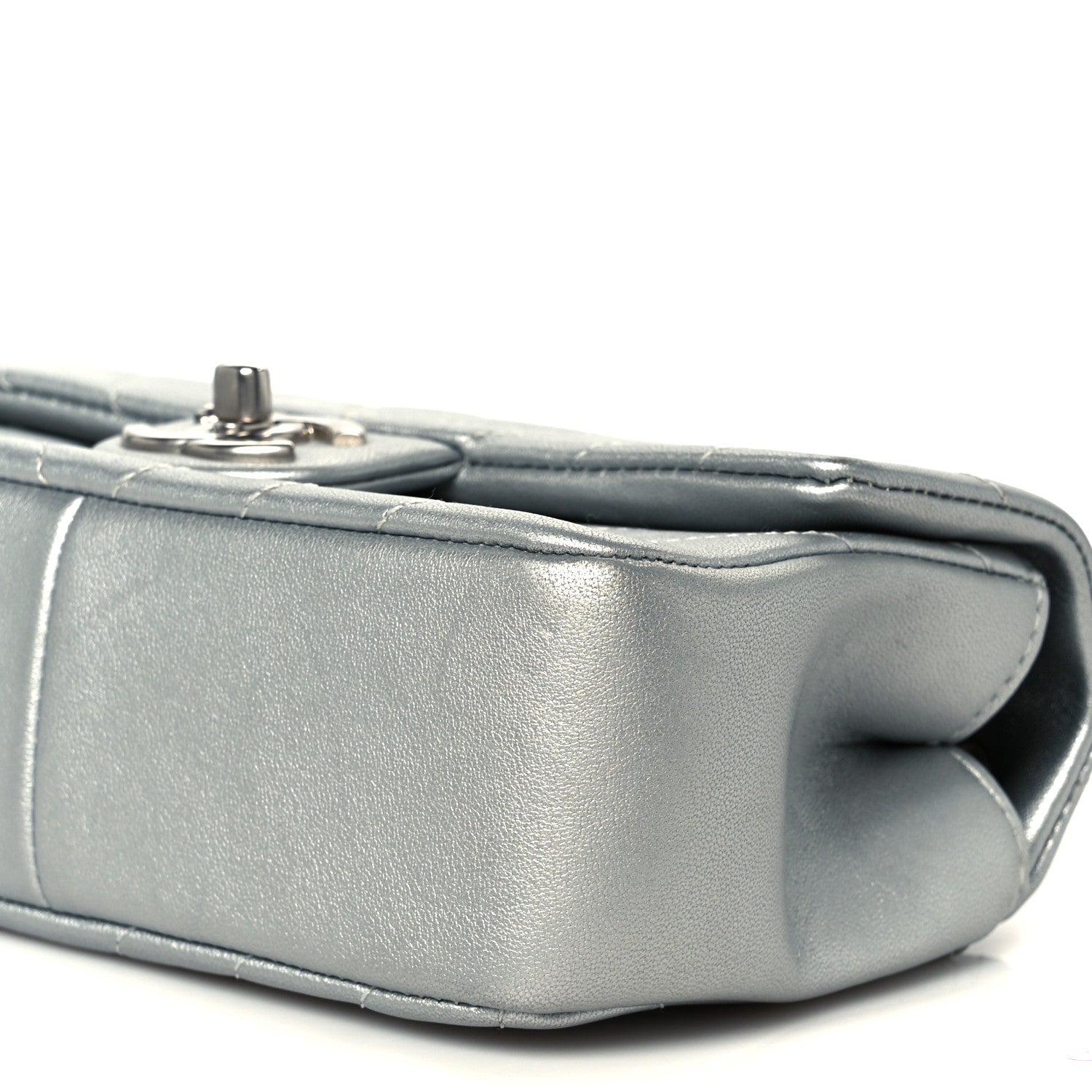 Metallic Lambskin Chevron Quilted Mini Rectangular Flap Silver