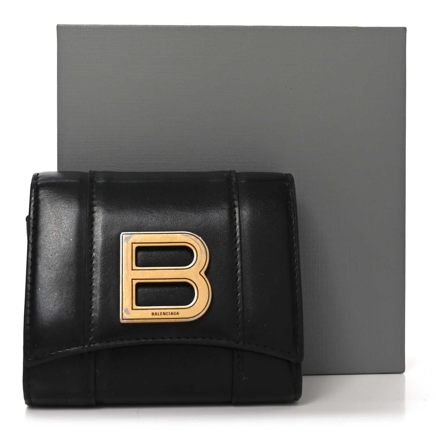 Shiny Box Calfskin Hourglass Compact Wallet Black