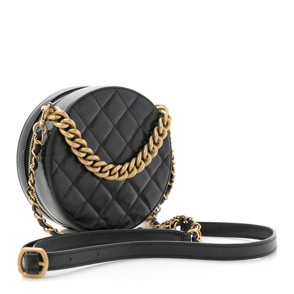 Glazed Calfskin Round As Earth Evening Bag Black