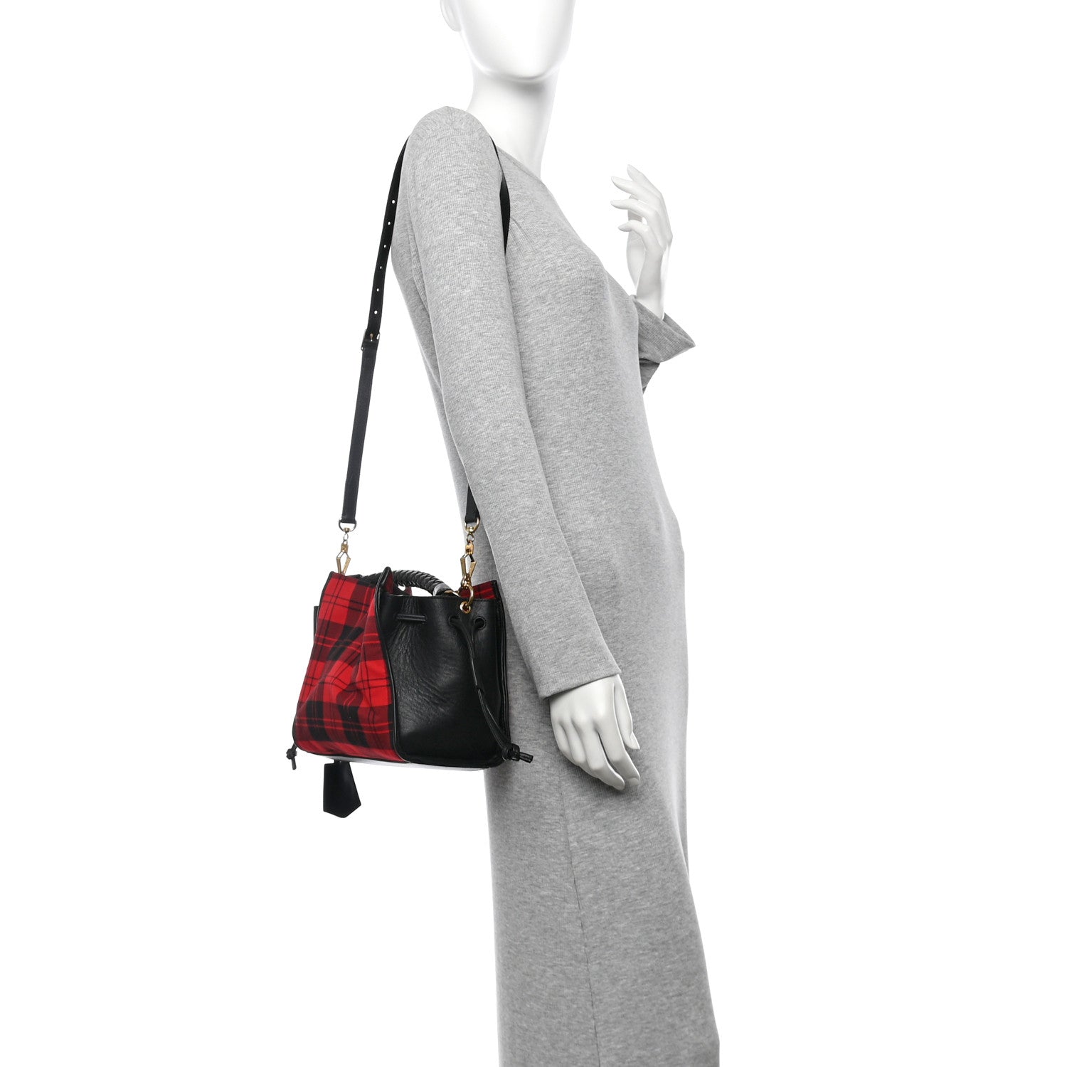 Calfskin Tartan Cotton Canvas Small Iris Tote Black Red Multicolor