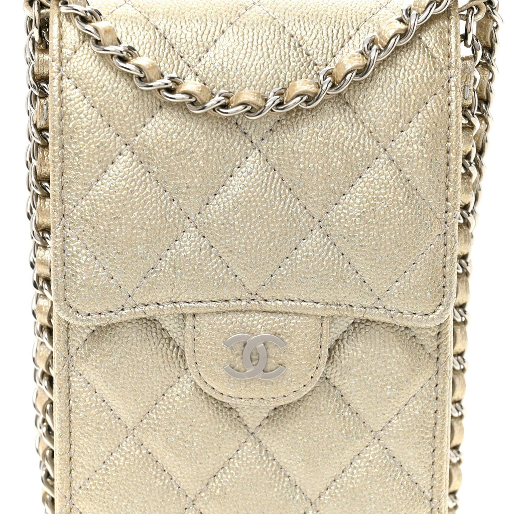 Metallic Caviar Quilted Classic Phone Holder Gold