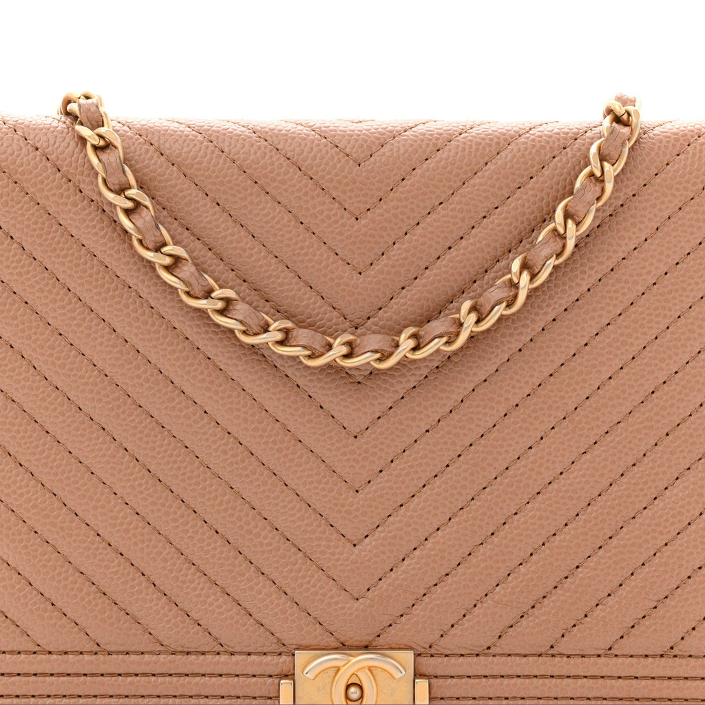 Caviar Chevron Quilted Boy Wallet On Chain WOC Dark Beige