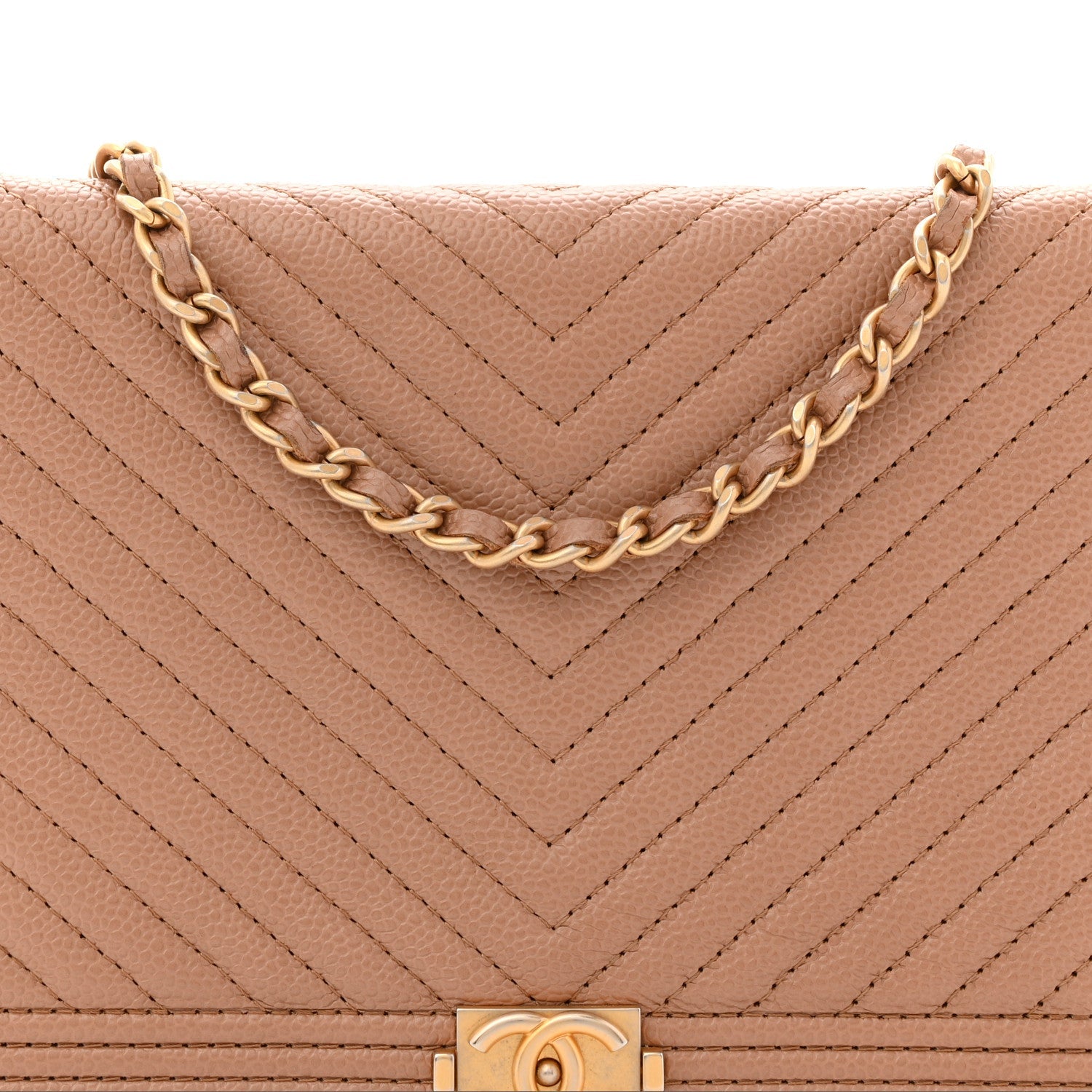 Caviar Chevron Quilted Boy Wallet On Chain WOC Dark Beige