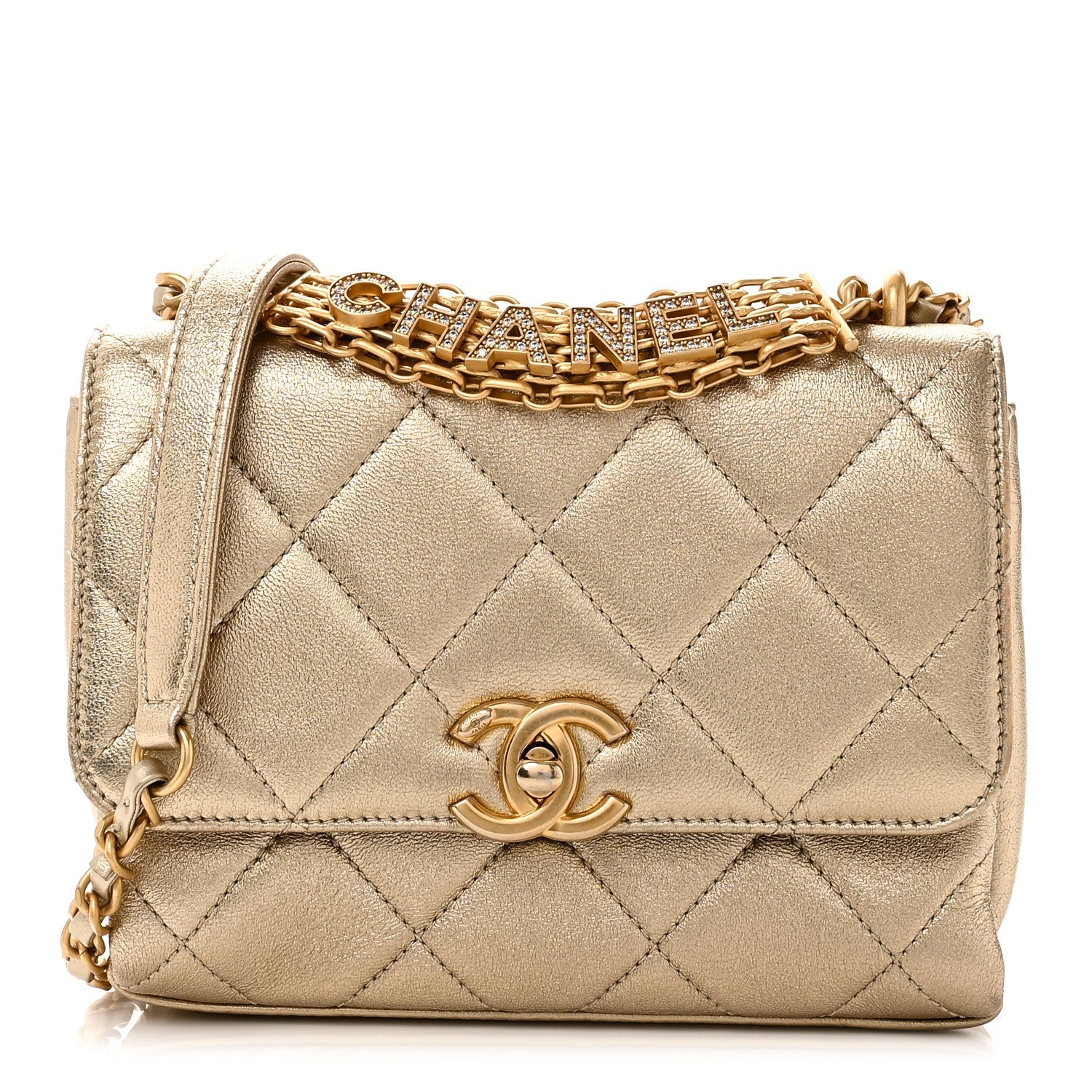Metallic Lambskin Quilted Mini CC Crystal Logo Chain Flap Gold