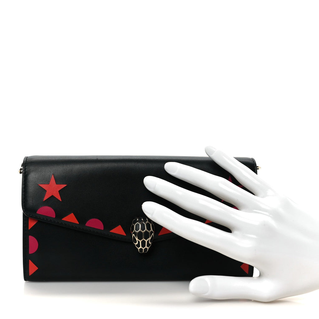 Calfskin Serpenti Forever Star Chain Wallet Black Red