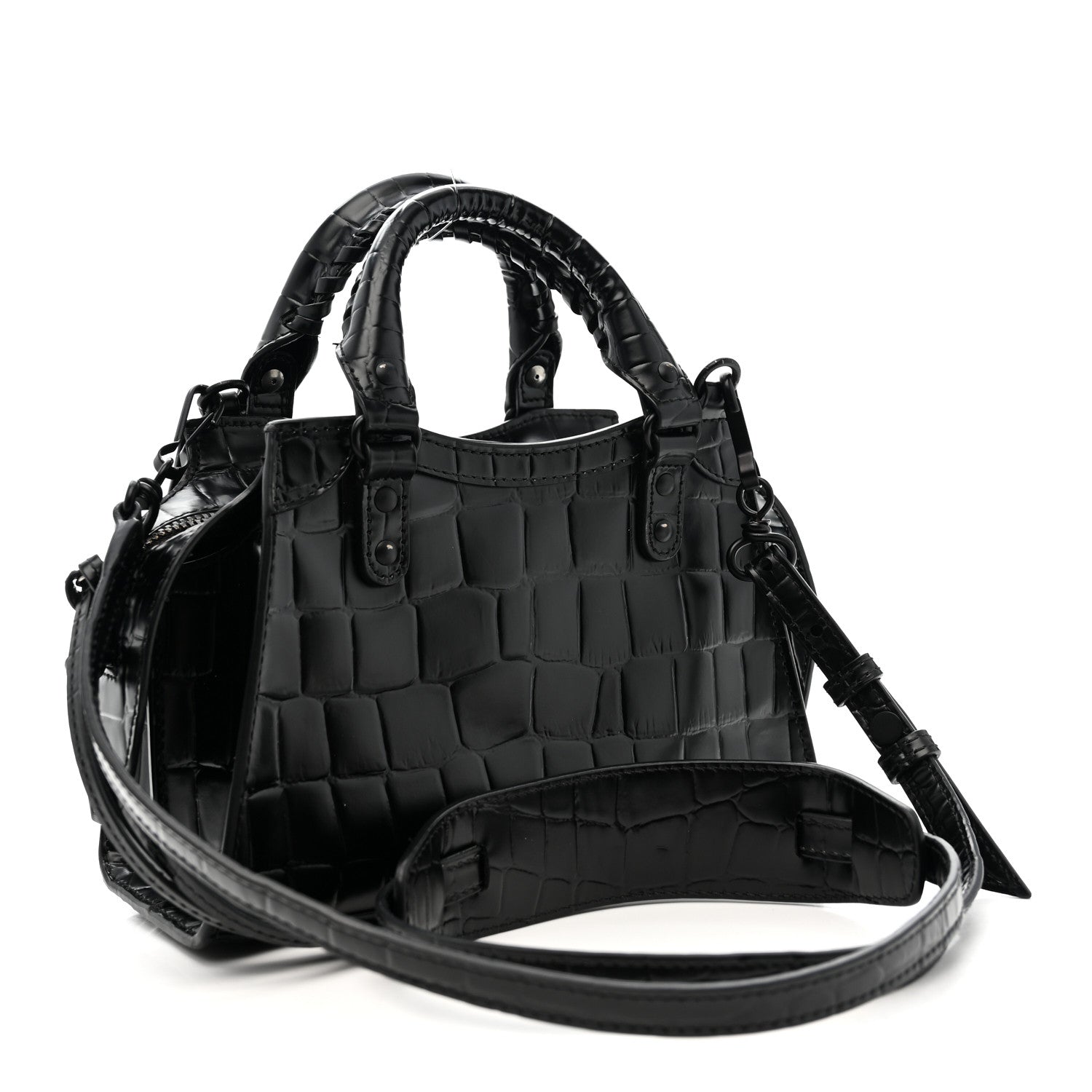 Semi Shiny Calfskin Crocodile Embossed Neo Classic Black Hardware Mini City Black