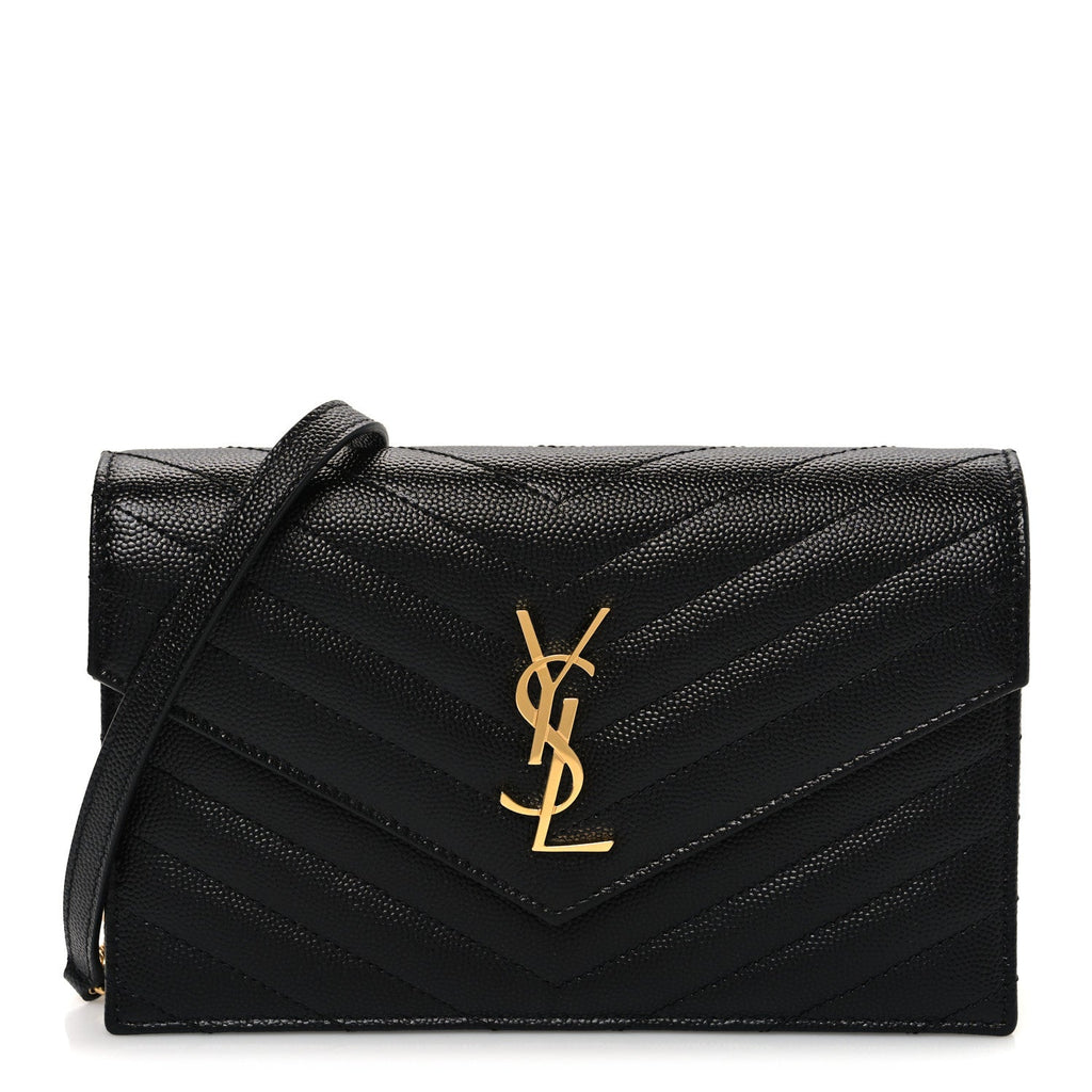 Grain De Poudre Matelasse Chevron Monogram Envelope Chain Wallet Black