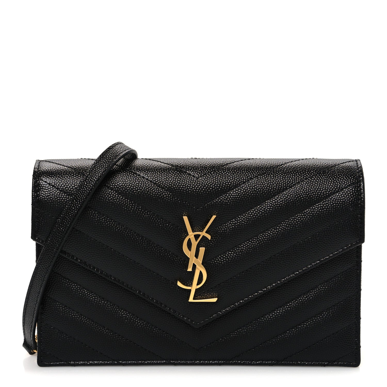 Grain De Poudre Matelasse Chevron Monogram Envelope Chain Wallet Black
