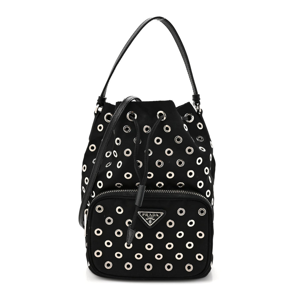 Tessuto Nylon Saffiano Grommets Mini Bucket Crossbody Bag Black