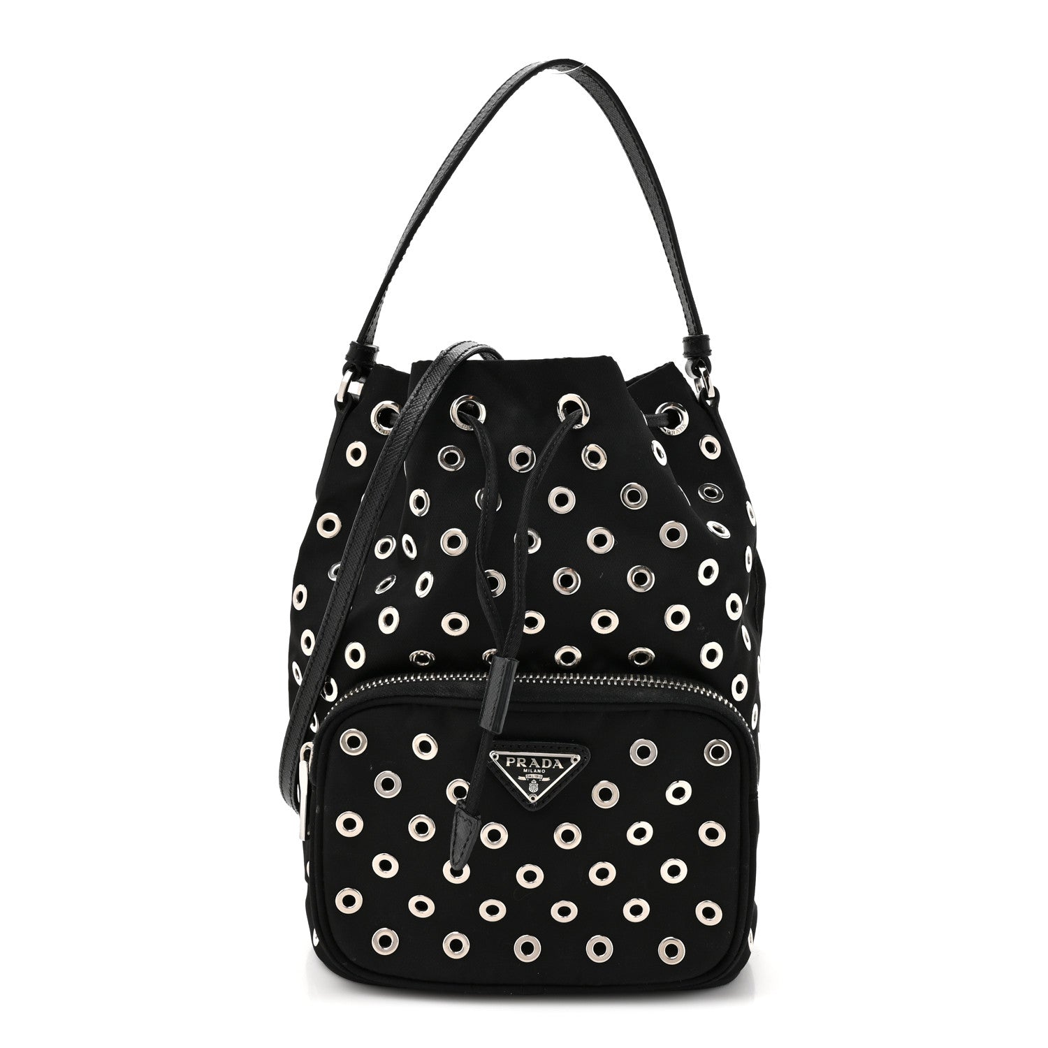 Tessuto Nylon Saffiano Grommets Mini Bucket Crossbody Bag Black