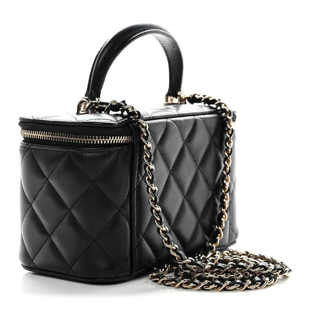 Lambskin Quilted Small Top Handle Vanity Case With Chain Black