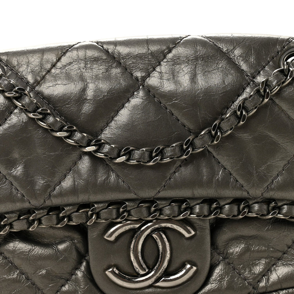 Metallic Aged Calfskin Mini Chain Me Flap Pewter