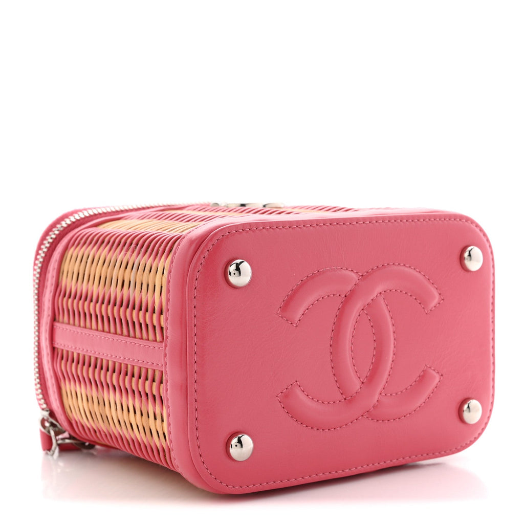 Calfskin Raffia Small Take Away Vanity Case Bag Pink Beige