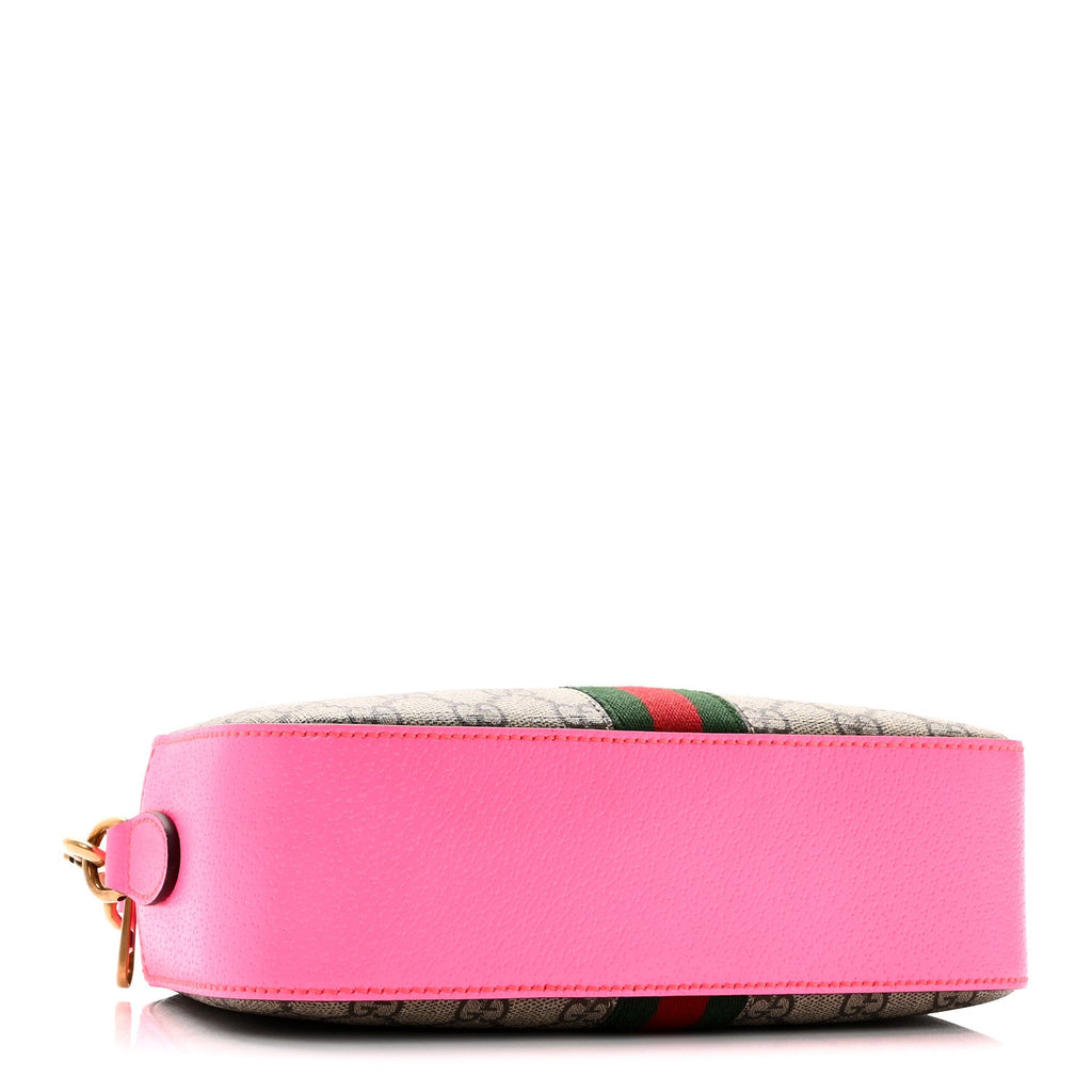 GG Supreme Monogram Textured Dollar Calfskin Web Ophidia Small Crossbody Bag Beige Ebony Fuchsia