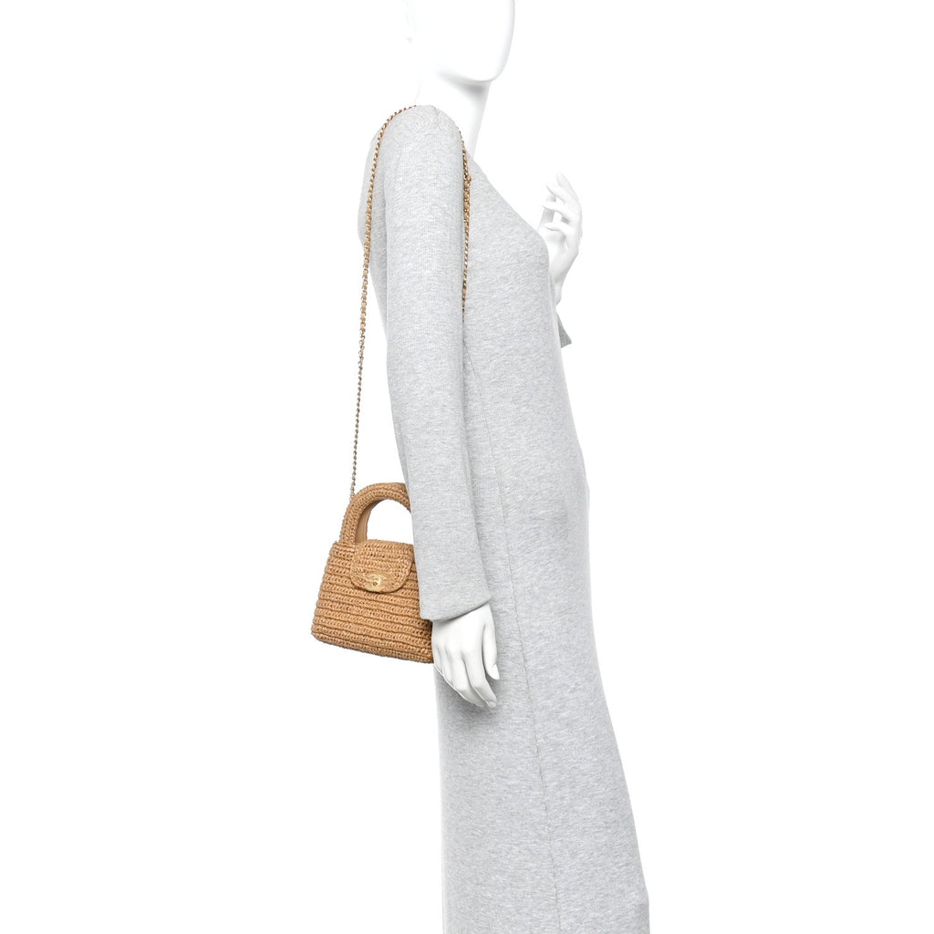 Braided Raffia Nano Kelly Flap Bag Dark Beige