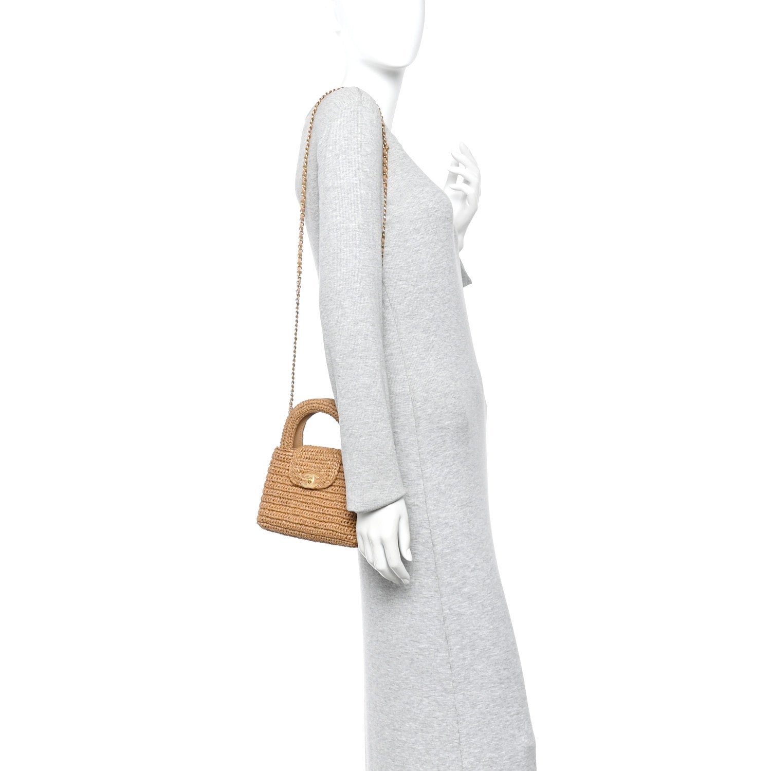 Braided Raffia Nano Kelly Flap Bag Dark Beige