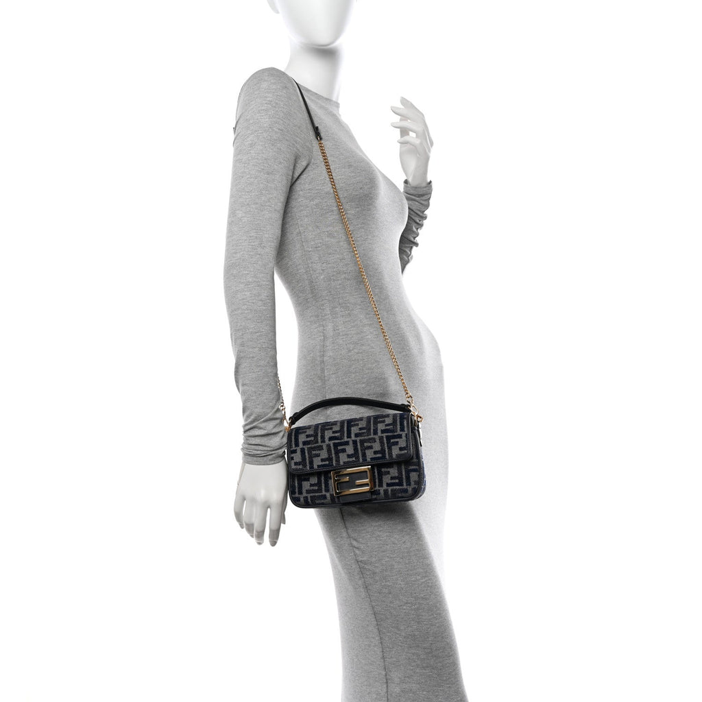Chenille Vitello Grace FF Embroidered Mini Baguette Dark Blue Grey