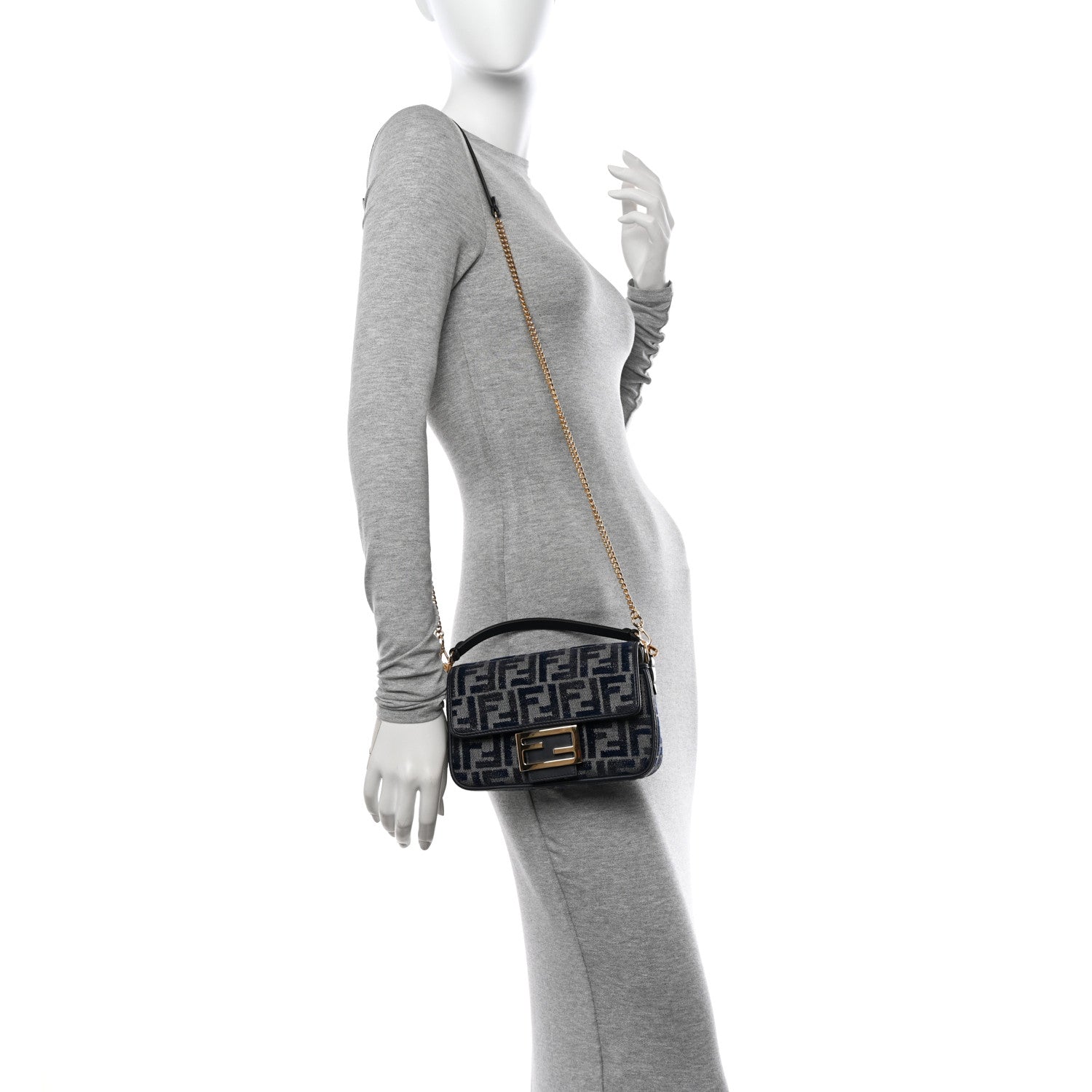 Chenille Vitello Grace FF Embroidered Mini Baguette Dark Blue Grey