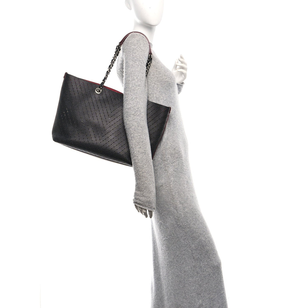 Perforated Grained Calfskin Large Shopping Tote Black