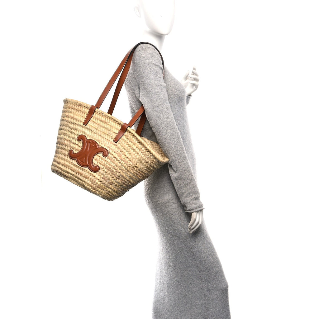 Raffia Calfskin Triomphe Medium Panier Tan