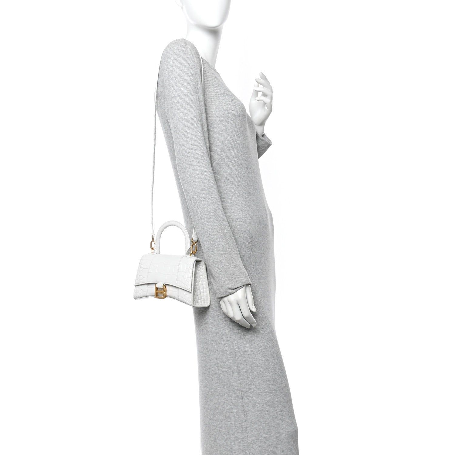 Shiny Calfskin Crocodile Embossed Hourglass Top Handle Bag XS White