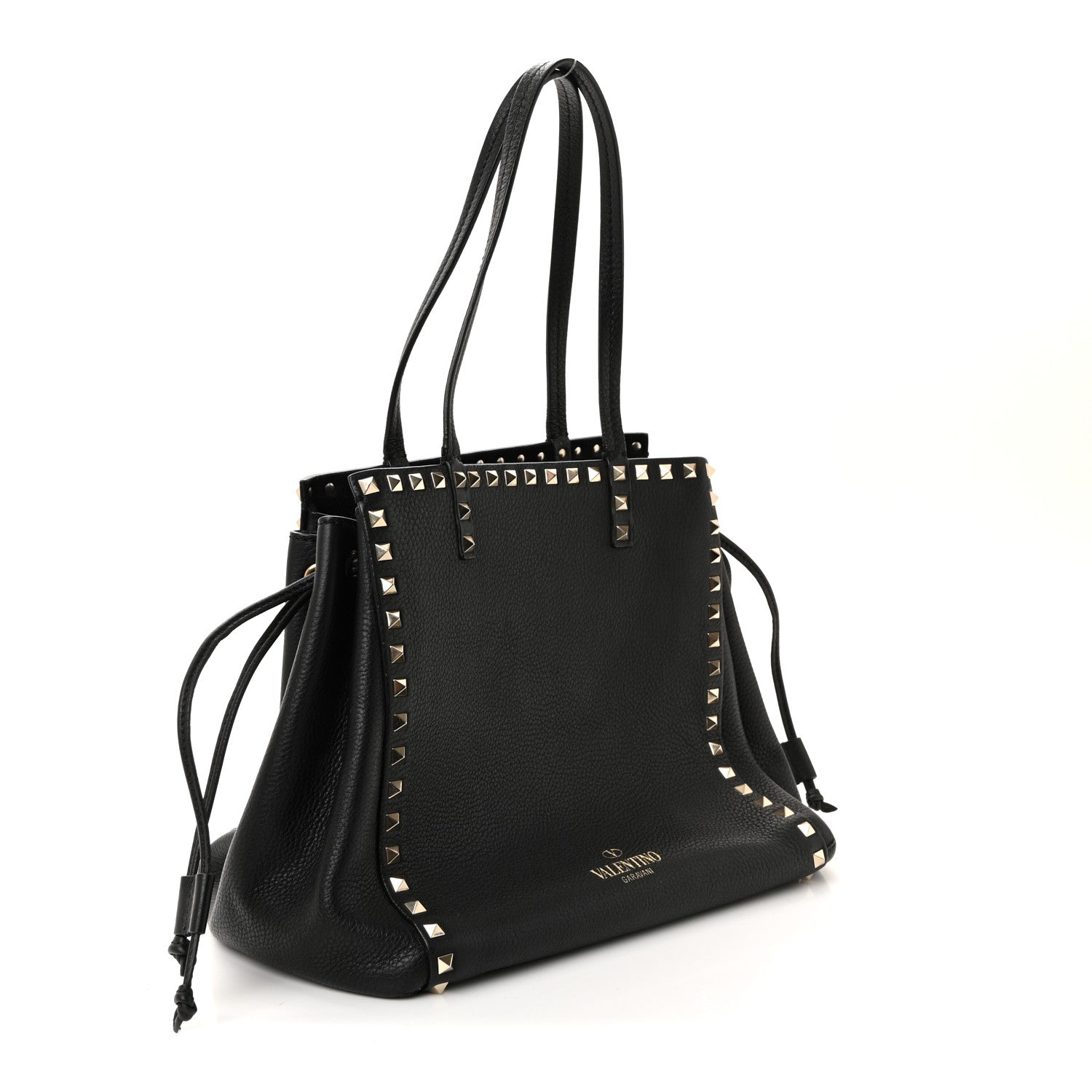 Grained Calfskin Rockstud Double Handle Cinch Tote Black