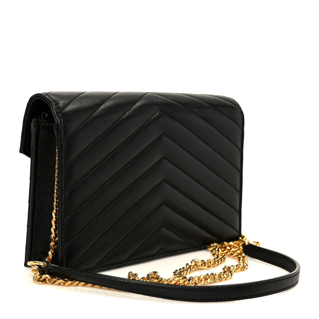 Lambskin Matelasse Chevron Monogram Cassandre Envelope Chain Wallet Black