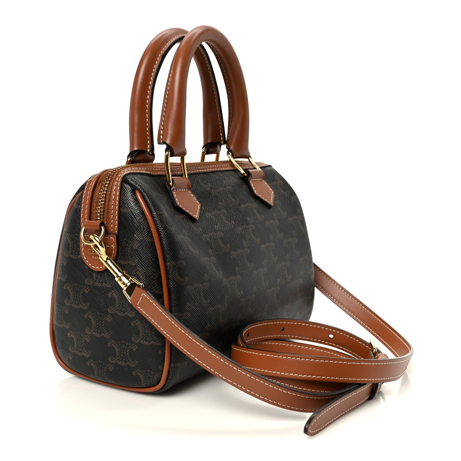 Triomphe Canvas Calfskin Small Boston Bag Tan