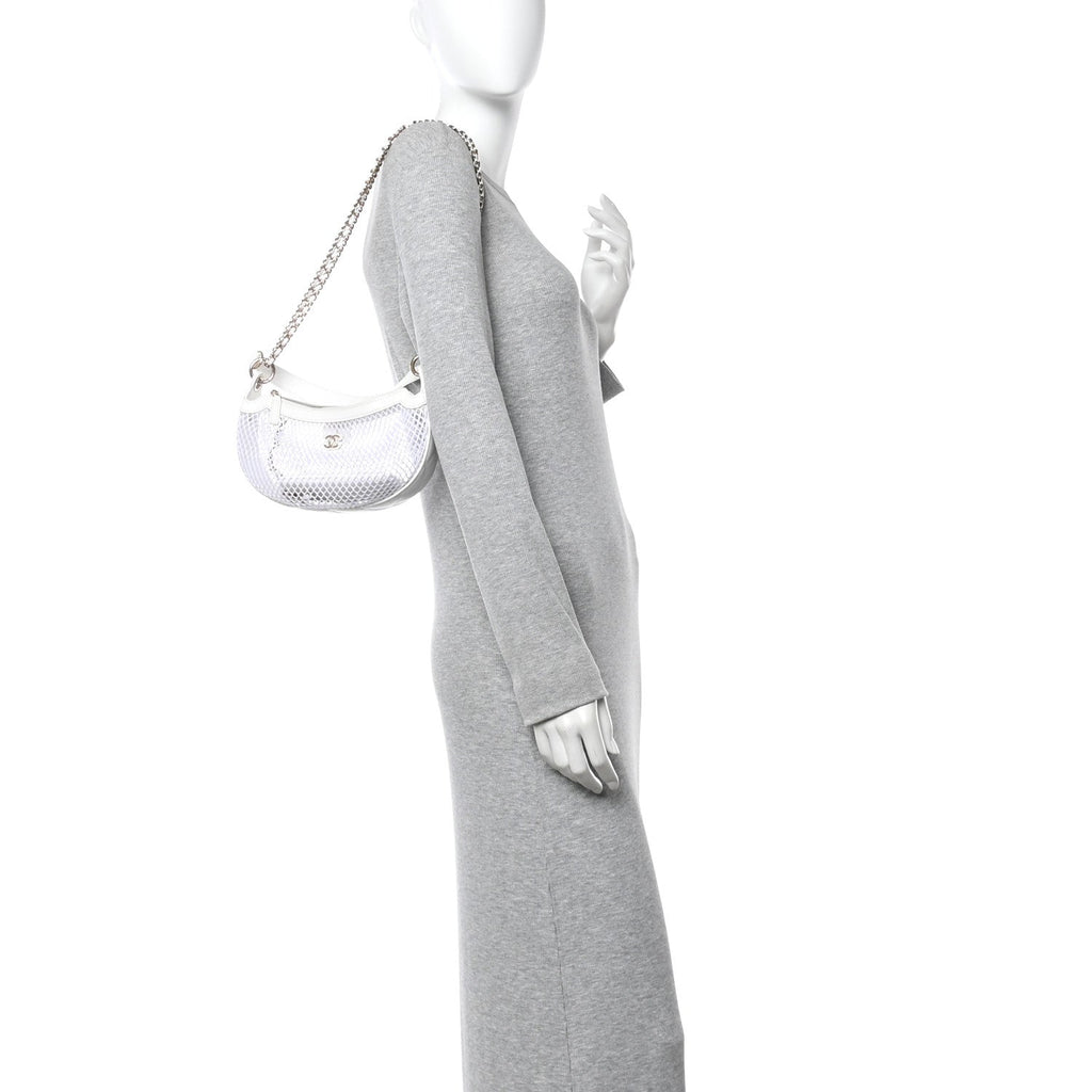 Mesh Shiny Lambskin Chain Hobo White