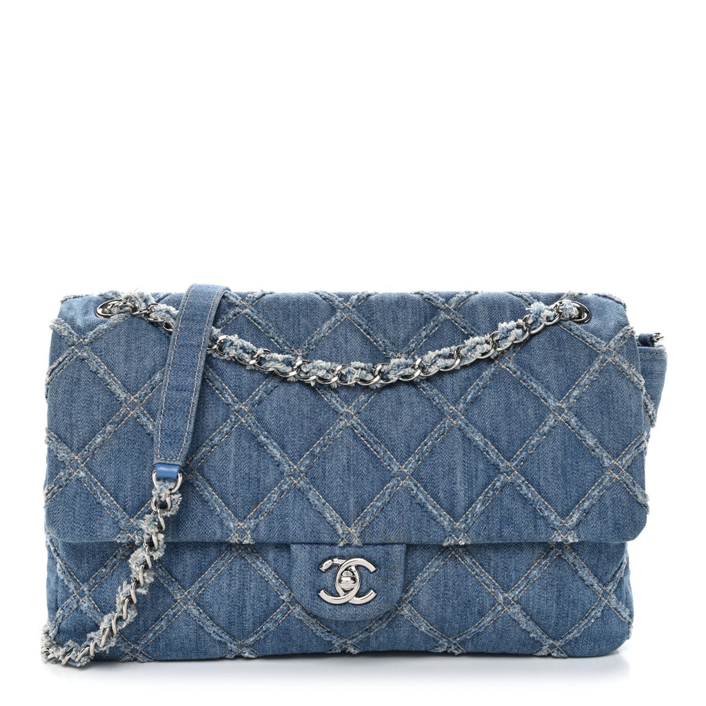 Frayed Denim Quilted Large Blue Chip Flap Blue