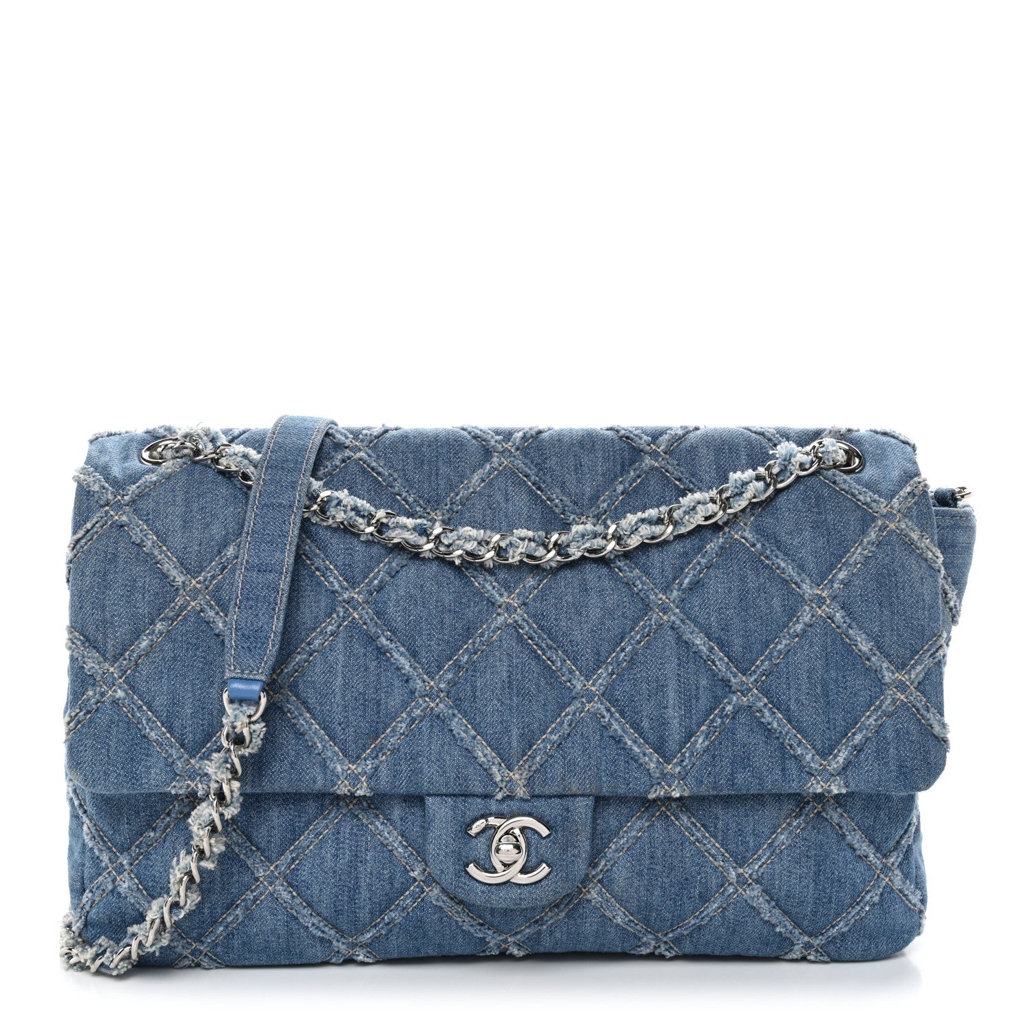 Frayed Denim Quilted Large Blue Chip Flap Blue