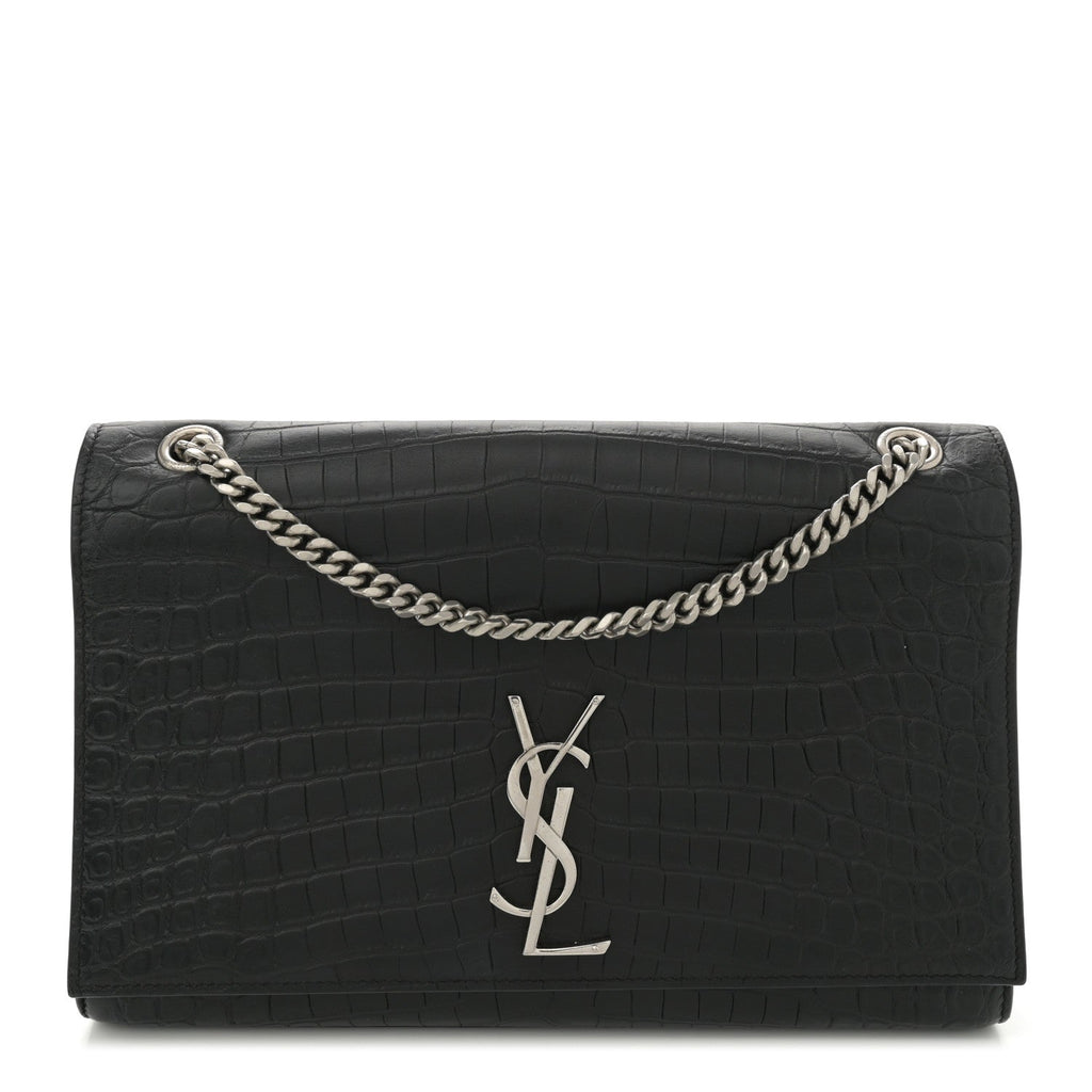 Calfskin Crocodile Embossed Large Classic Monogram Kate Satchel Black