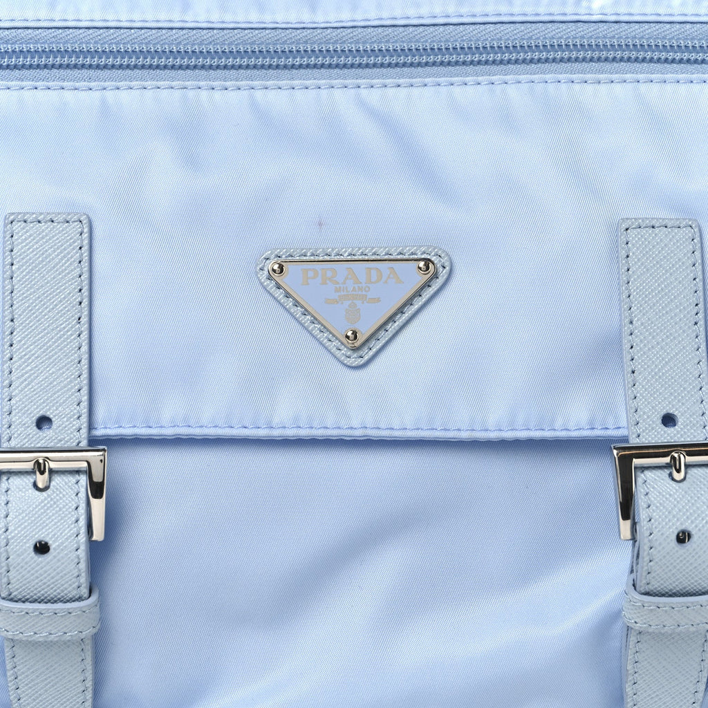 Re-Nylon Vela Saffiano Pocket Double Buckle Messenger Shoulder Bag Celeste