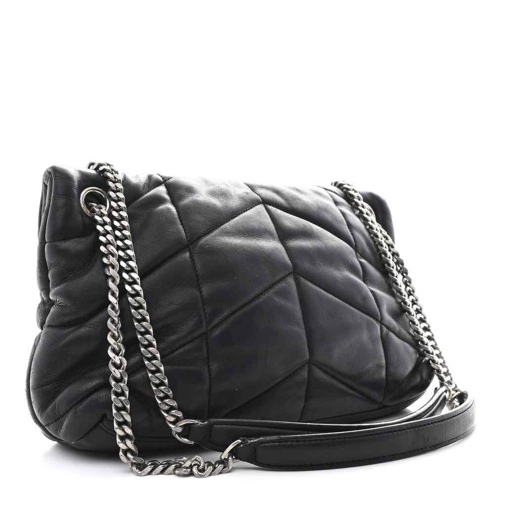 Lambskin Quilted Small Loulou Puffer Monogram Chain Satchel Black