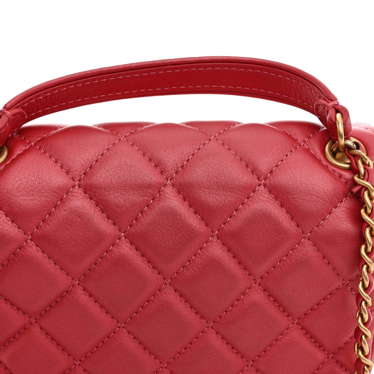 Metallic Calfskin Quilted Top Handle Flap Dark Pink