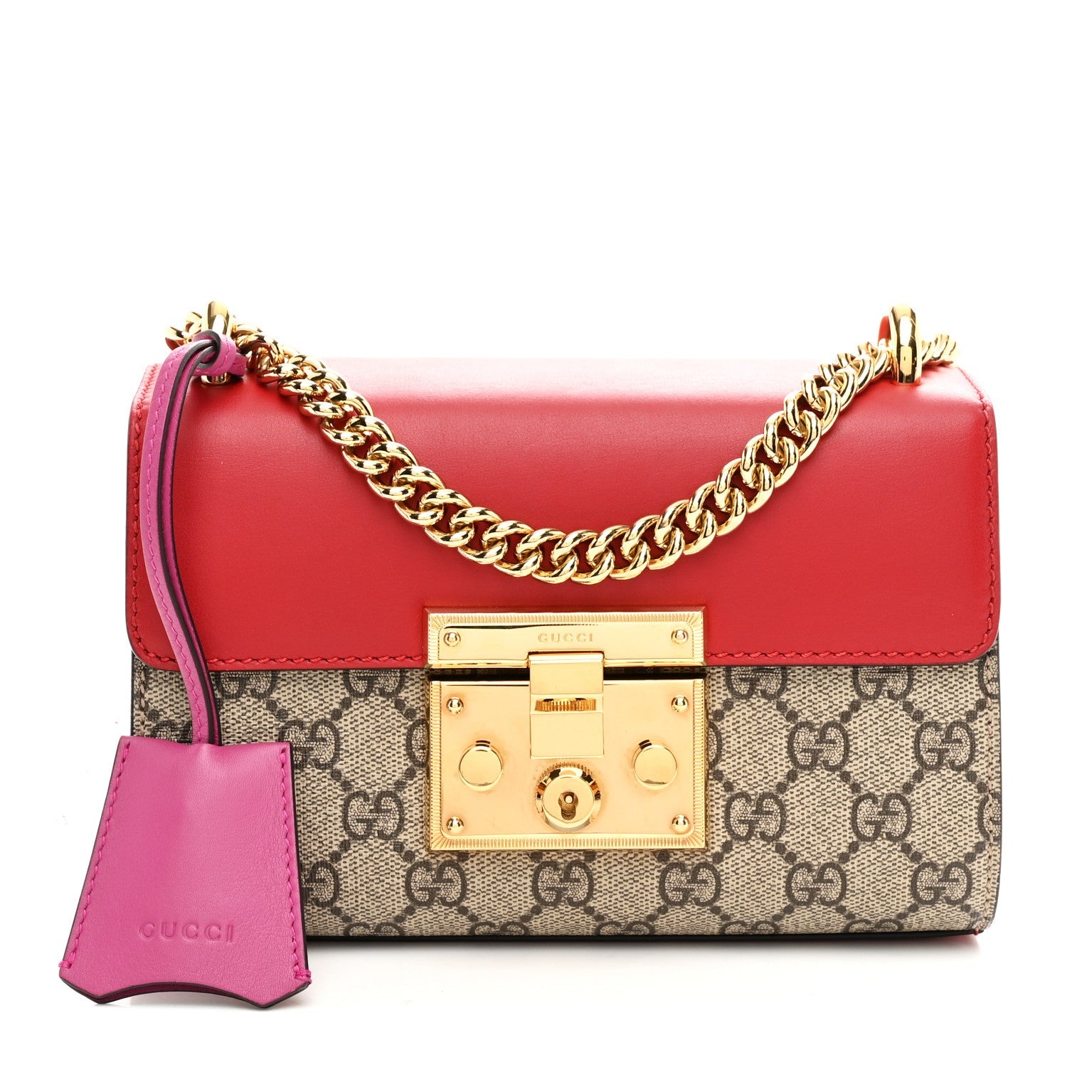 GG Supreme Monogram Calfskin Small Padlock Shoulder Bag Beige Hibiscus Red New Rosette