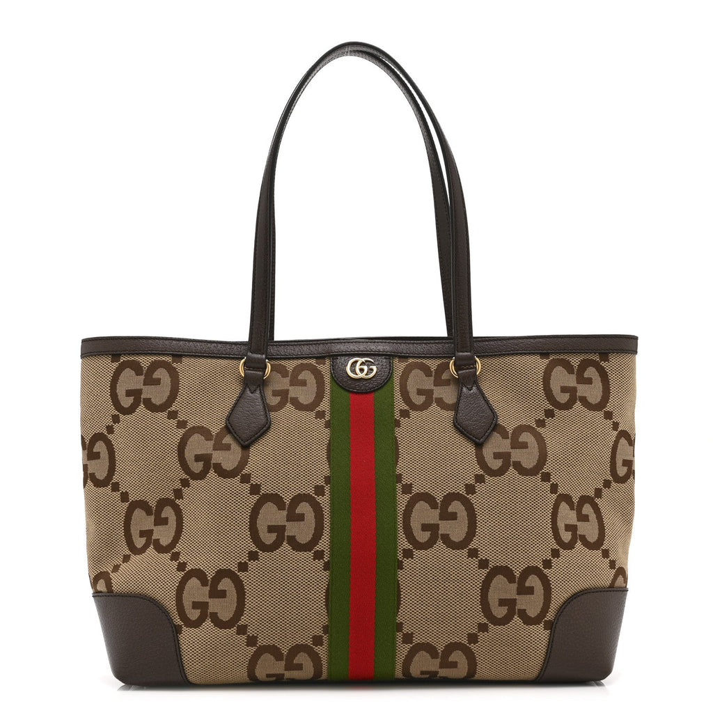 Monogram Jumbo GG Textured Dollar Calfskin Web Medium Ophidia Shopping Tote Camel Ebony