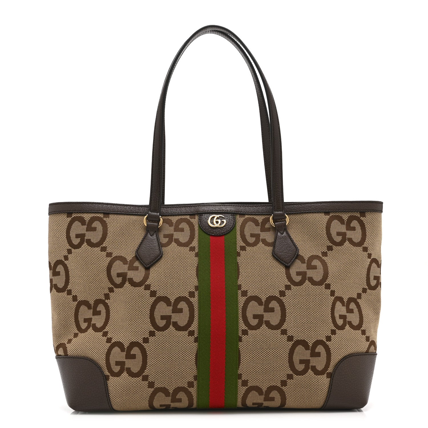Monogram Jumbo GG Textured Dollar Calfskin Web Medium Ophidia Shopping Tote Camel Ebony