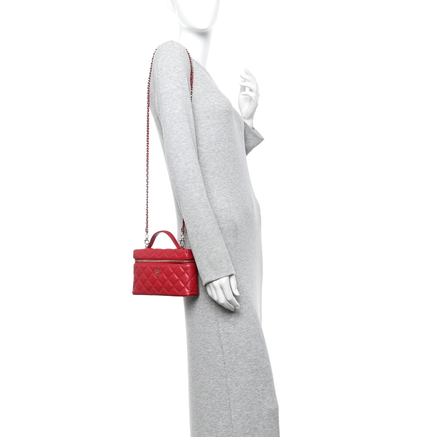 Caviar Quilted Top Handle Slim Vanity With Chain Red